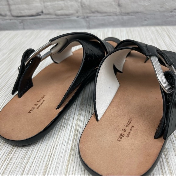 NEW Rag & Bone August Croc Embossed Leather Slide Sandals In Black - Picture 11 of 13